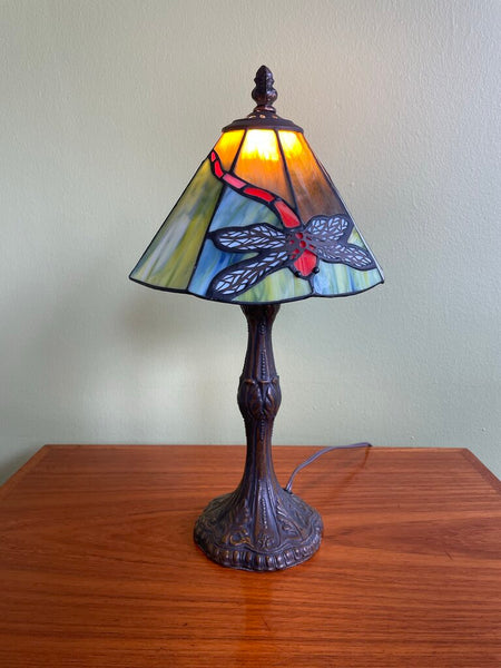 Vintage Stained Glass Drangon Fly Lamp - Small 15 in tall FIRM