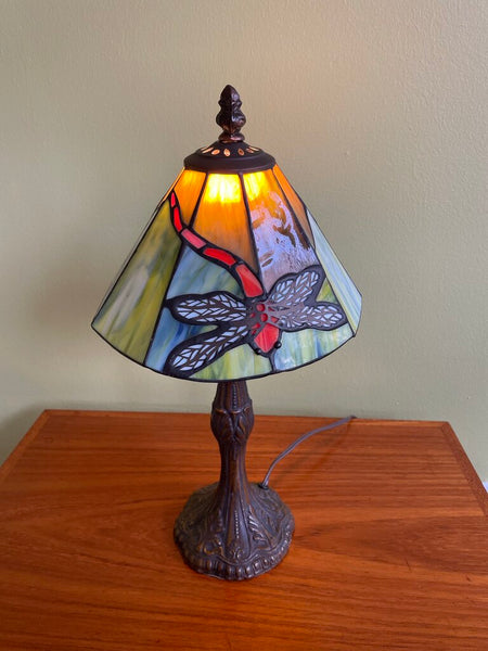 Vintage Stained Glass Drangon Fly Lamp - Small 15 in tall FIRM