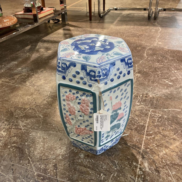 Small Hand Painted Chinese Hexagonal Garden Stool - White, Blue, Pink, Green 12.5 inx 7.5 in IN STORE PICK UP ONLY