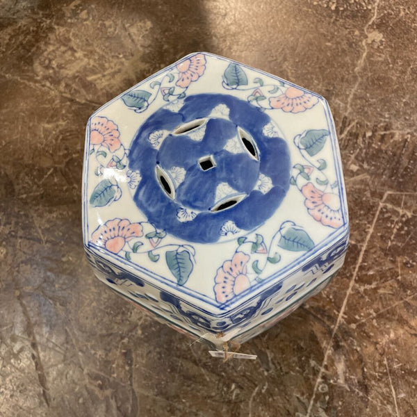 Small Hand Painted Chinese Hexagonal Garden Stool - White, Blue, Pink, Green 12.5 inx 7.5 in IN STORE PICK UP ONLY