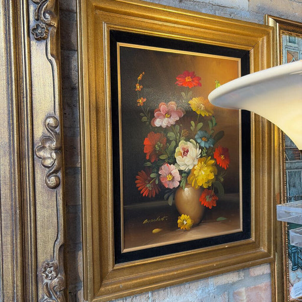 Vintage floral oil on canvas in gold guilded frame by Bouchet approximate 22 x 18