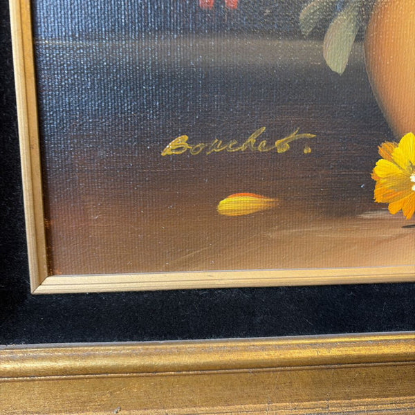 Vintage floral oil on canvas in gold guilded frame by Bouchet approximate 22 x 18