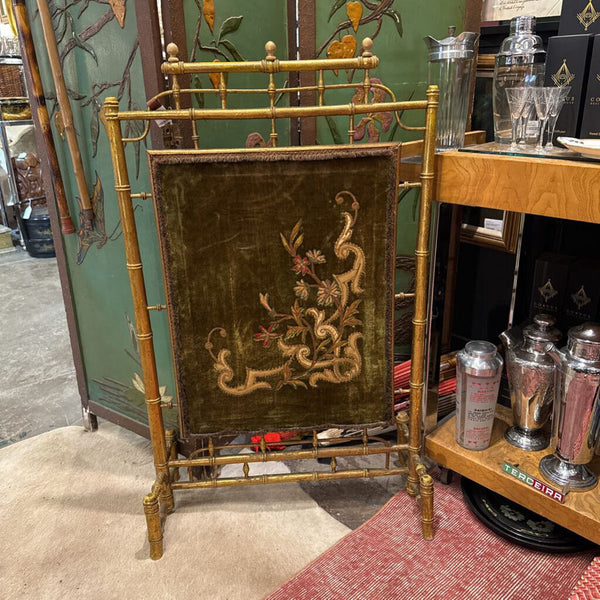Antique Victorian Gold Tapestry Fire Screen Velvet with Embroidery
