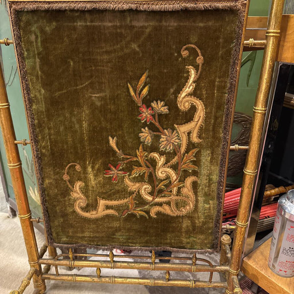 Antique Victorian Gold Tapestry Fire Screen Velvet with Embroidery