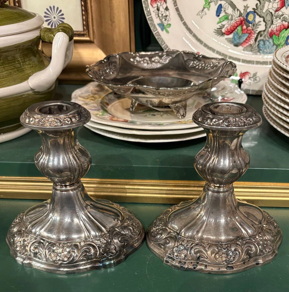 PAIR OF VINTAGE POOLE SILVER PLATED CANDLE HOLDERS WITH ORNATE FLORAL MOTIF | 5.25"H x 5.25"W