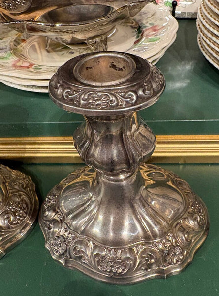 PAIR OF VINTAGE POOLE SILVER PLATED CANDLE HOLDERS WITH ORNATE FLORAL MOTIF | 5.25"H x 5.25"W
