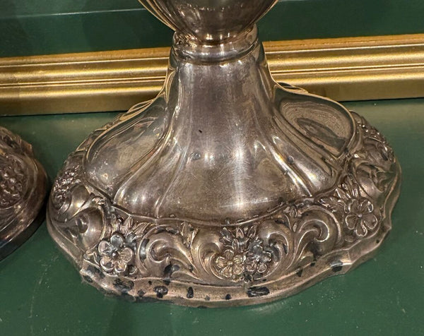 PAIR OF VINTAGE POOLE SILVER PLATED CANDLE HOLDERS WITH ORNATE FLORAL MOTIF | 5.25"H x 5.25"W