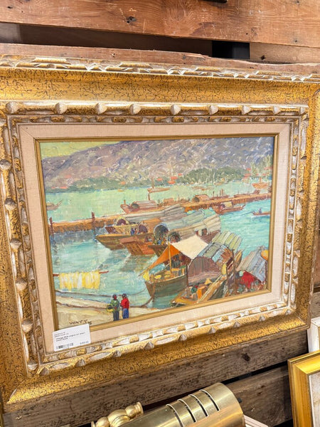 Vintage MCM original art wharf scene 20x24