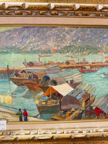 Vintage MCM original art wharf scene 20x24