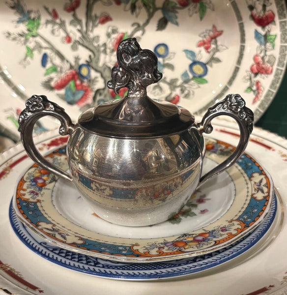 VINTAGE SILVER PLATE SUGAR BOWL WITH FLORAL ACCENTS