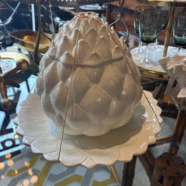VTG impressive Italian ceramic artichoke terrine with laddle and platter