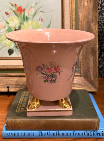 VINTAGE PINK CERAMIC PLANTER WITH PAINTED FLORALS & GILDED FEET - EACH | 6.25"H X 6.5"W