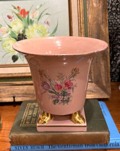 VINTAGE PINK CERAMIC PLANTER WITH PAINTED FLORALS & GILDED FEET - EACH | 6.25"H X 6.5"W