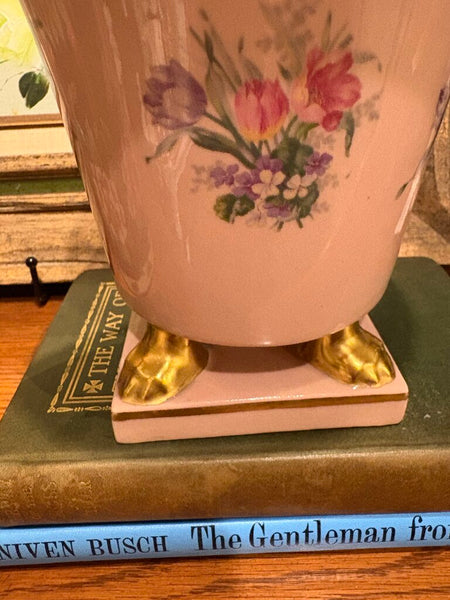 VINTAGE PINK CERAMIC PLANTER WITH PAINTED FLORALS & GILDED FEET - EACH | 6.25"H X 6.5"W