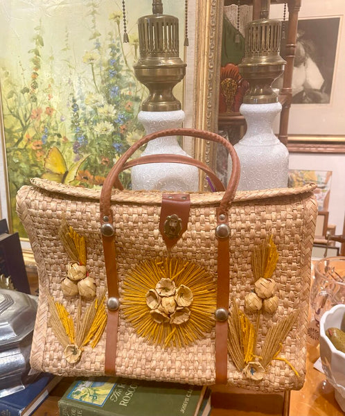VINTAGE HAND WOVEN STRAW & RAFFIA TOTE WTH EMBROIDERED YARN FLORALS AND LEATHER HANDLES