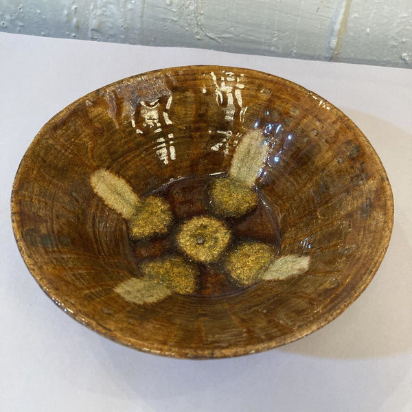 Vintage studio art pottery bowl, brown & tan 8.5 in