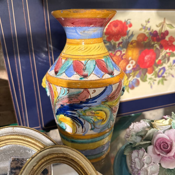Vintage Painted Vase with Lion Handles