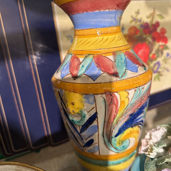 Vintage Painted Vase with Lion Handles