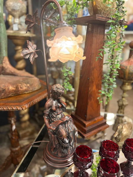 French Art Nouveau Cast Metal Lamp 22" H, 7" W, 7" D shade has chip