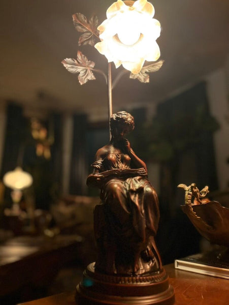 French Art Nouveau Cast Metal Lamp 22" H, 7" W, 7" D shade has chip