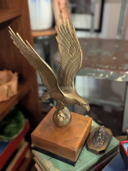 "Wing Spread, Grounded in Glory" Presentation Brass Bald Eagle on Wood Plinth 13.5"H LSBJ 4.26
