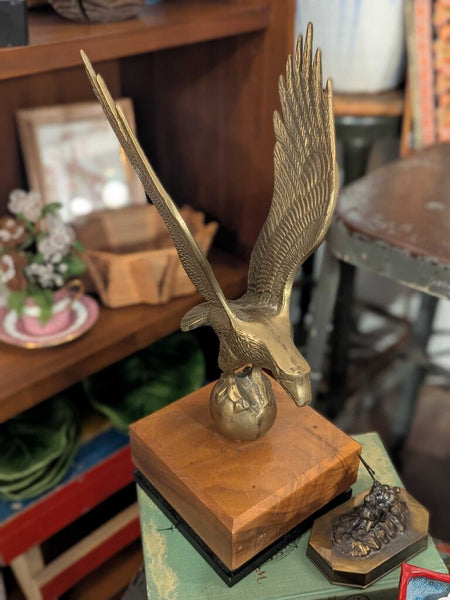 "Wing Spread, Grounded in Glory" Presentation Brass Bald Eagle on Wood Plinth 13.5"H LSBJ 4.26