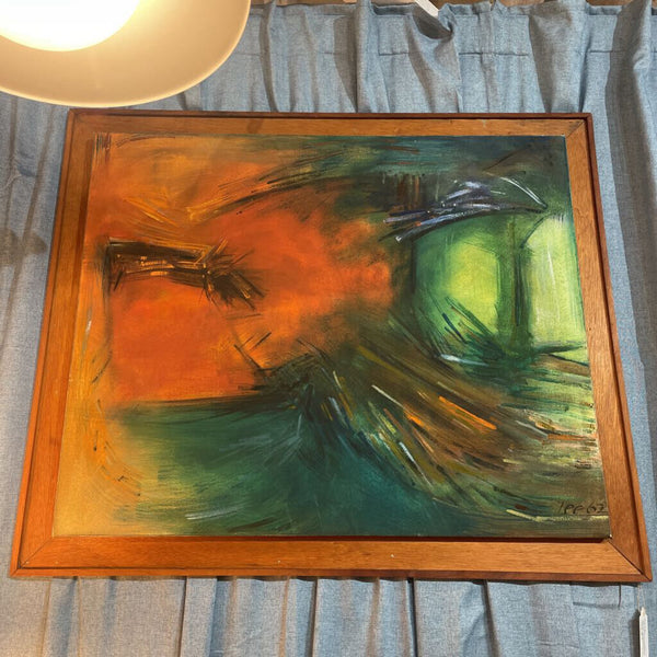 Original Abstract Oil Painting by "Lee" 1962 Orange and Green Canvas on Custom Wood Frame 36in x 30 in IN STORE PICK UP ONLY