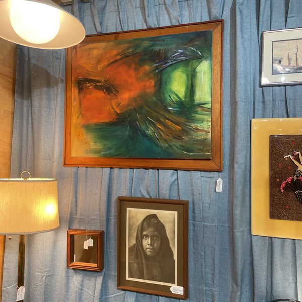 Original Abstract Oil Painting by "Lee" 1962 Orange and Green Canvas on Custom Wood Frame 36in x 30 in IN STORE PICK UP ONLY