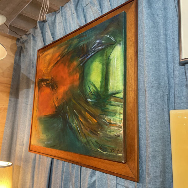 Original Abstract Oil Painting by "Lee" 1962 Orange and Green Canvas on Custom Wood Frame 36in x 30 in IN STORE PICK UP ONLY