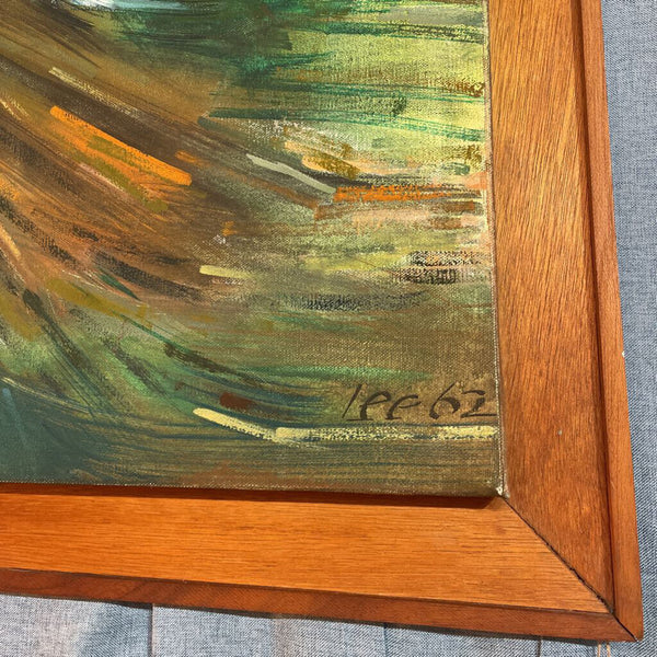Original Abstract Oil Painting by "Lee" 1962 Orange and Green Canvas on Custom Wood Frame 36in x 30 in IN STORE PICK UP ONLY