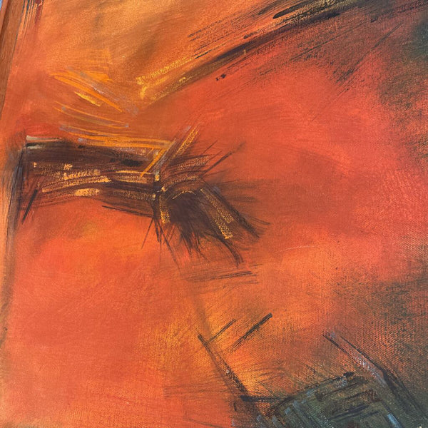 Original Abstract Oil Painting by "Lee" 1962 Orange and Green Canvas on Custom Wood Frame 36in x 30 in IN STORE PICK UP ONLY