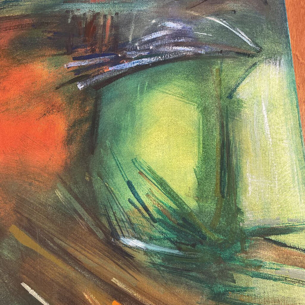 Original Abstract Oil Painting by "Lee" 1962 Orange and Green Canvas on Custom Wood Frame 36in x 30 in IN STORE PICK UP ONLY