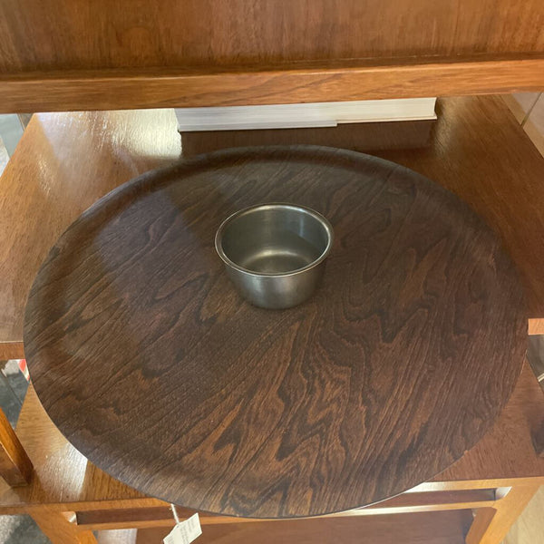 Round Wood Midcentury Seving Dish w/ Silver mini Bowl 15.5 in