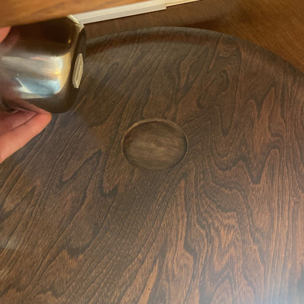 Round Wood Midcentury Seving Dish w/ Silver mini Bowl 15.5 in