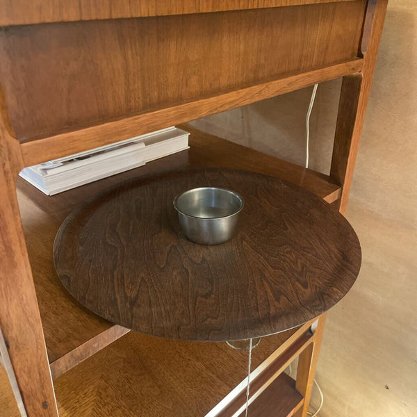 Round Wood Midcentury Seving Dish w/ Silver mini Bowl 15.5 in