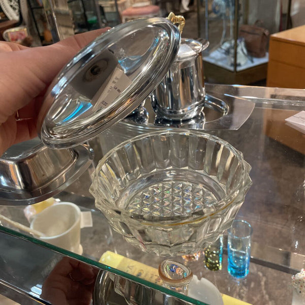 Cut Glass Dish with Silver Lid -Mid Century