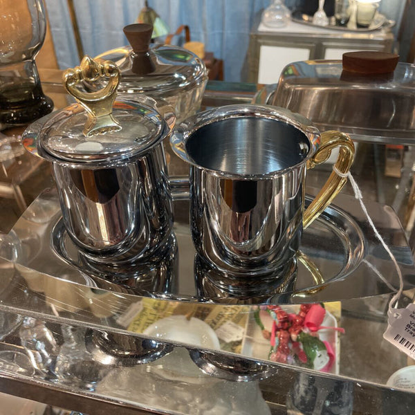 Vintage Kromex Chrome and Brass Creamer and Sugar Set with Tray