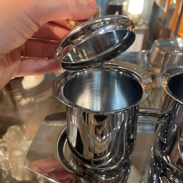 Vintage Kromex Chrome and Brass Creamer and Sugar Set with Tray