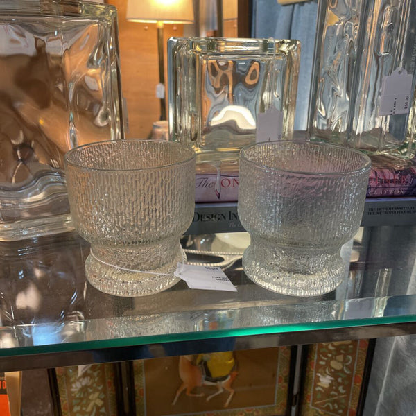 Pair of Lowball Drinking Glasses by Indiana Glass in "Crystal Ice" / "Tree Bark" Style