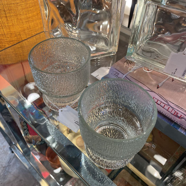 Pair of Lowball Drinking Glasses by Indiana Glass in "Crystal Ice" / "Tree Bark" Style