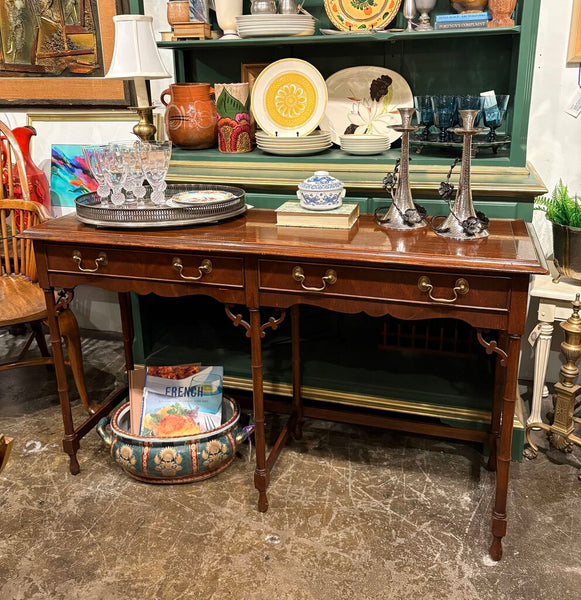 HEKMAN FAUX BAMBOO VINTAGE CONSOLE TABLE WITH FRETWORK, TWO DRAWERS AND BRASS PULLS | 50"W X 29.5"H X 16"D
