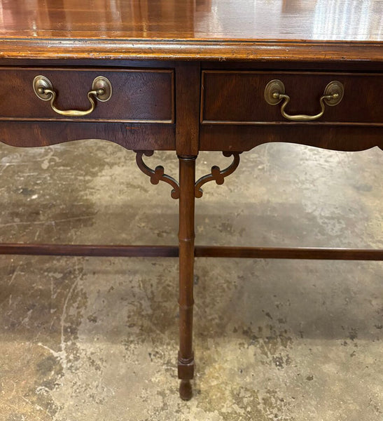 HEKMAN FAUX BAMBOO VINTAGE CONSOLE TABLE WITH FRETWORK, TWO DRAWERS AND BRASS PULLS | 50"W X 29.5"H X 16"D
