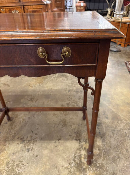 HEKMAN FAUX BAMBOO VINTAGE CONSOLE TABLE WITH FRETWORK, TWO DRAWERS AND BRASS PULLS | 50"W X 29.5"H X 16"D