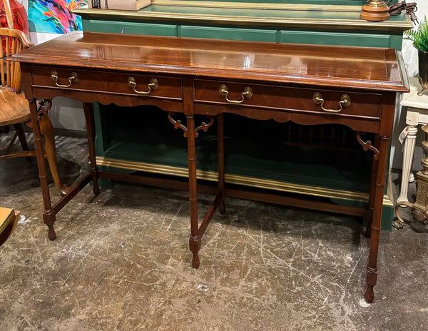 HEKMAN FAUX BAMBOO VINTAGE CONSOLE TABLE WITH FRETWORK, TWO DRAWERS AND BRASS PULLS | 50"W X 29.5"H X 16"D