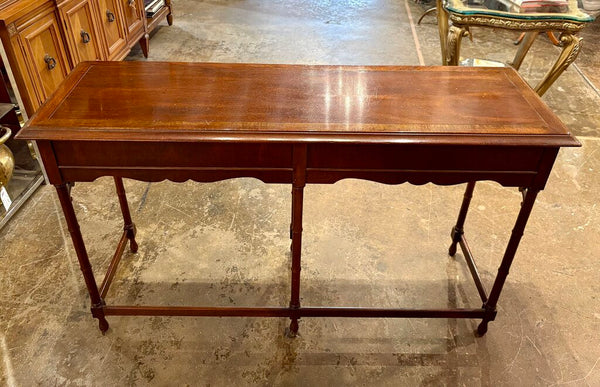 HEKMAN FAUX BAMBOO VINTAGE CONSOLE TABLE WITH FRETWORK, TWO DRAWERS AND BRASS PULLS | 50"W X 29.5"H X 16"D