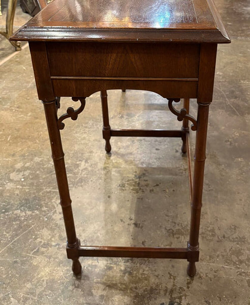 HEKMAN FAUX BAMBOO VINTAGE CONSOLE TABLE WITH FRETWORK, TWO DRAWERS AND BRASS PULLS | 50"W X 29.5"H X 16"D