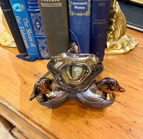 MID CENTURY BRASS AND POTTERY ASH TRAY OR TRICKET BOWL FEATURING THREE DUCKS