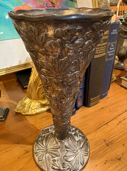 VINTAGE SILVER PLATE VASE ADORNED WITH RAISED FLORALS AND A SCALLOPED TOP | 10"H X 5"W