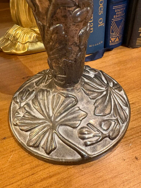 VINTAGE SILVER PLATE VASE ADORNED WITH RAISED FLORALS AND A SCALLOPED TOP | 10"H X 5"W