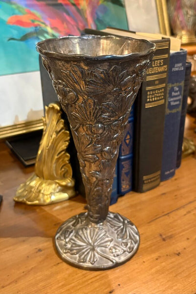 VINTAGE SILVER PLATE VASE ADORNED WITH RAISED FLORALS AND A SCALLOPED TOP | 10"H X 5"W